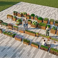 Outdoor Wooden Flower Stands With Green Plants Flowers And People Gardening In Stone Paved