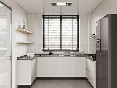 Modern Kitchen Interior With White Cabinets Black Countertops And Window Blinds 3d model