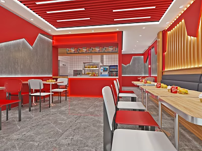 Red Restaurant Interior With Red Ceiling Gray Walls Wooden Elements Tables Chairs Counter Display Cabinet 3d model