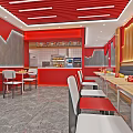 Red Restaurant Interior With Red Ceiling Gray Walls Wooden Elements Tables Chairs Counter Display Cabinet