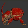Detailed Red Gold Mechanical Beetle Sculpture With Metallic Finish And Reflective Surface