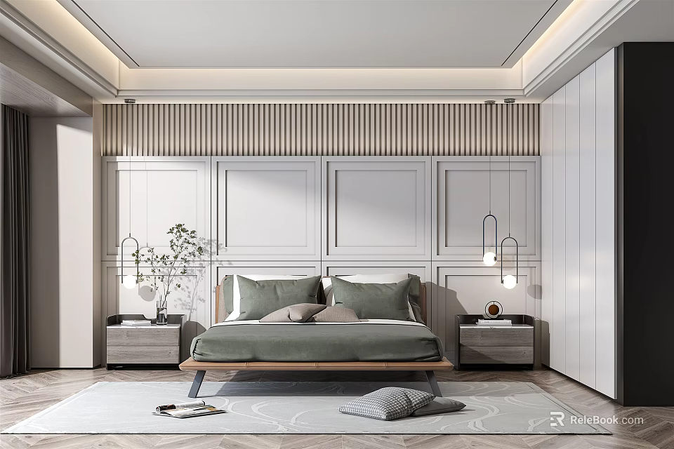 Modern Bedroom Interior With Wooden Bed Wall Panels And Pendant Lights 3d model 