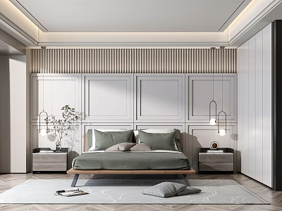 Modern Bedroom Interior With Wooden Bed Wall Panels And Pendant Lights 3d model
