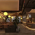 Cozy Restaurant Interior With String Lights Bunting Flags Palm Trees Pebble Floor And Sunset Decoration