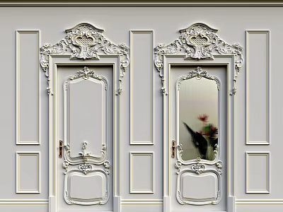 White Ornate Carved Hinged Doors with Symmetrical Design and Mirror Panel on Decorative Wall 3d model