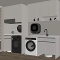 Modern Laundry Room With White Cabinets Washing Machines Sink And Window Blinds