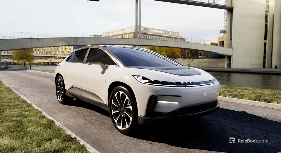 White Modern Electric SUV With Sleek Design On Urban Road Near Bridge And River 3d model 