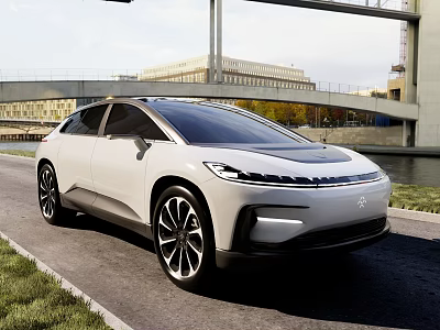 White Modern Electric SUV With Sleek Design On Urban Road Near Bridge And River 3d model