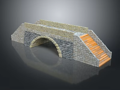 Stone Arch Bridge Structure With Gray Stone Blocks And Wooden Steps 3d model