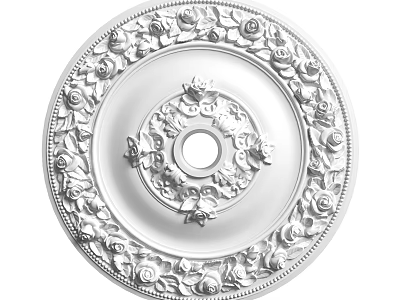 Decorative White Ceiling Medallion With Carved Rose And Leaf Patterns For Interior Lighting 3d model