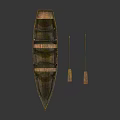 Rustic Wooden Boat With Seats And Two Wooden Oars On Reflective Surface