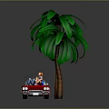 Cartoon Scene Featuring Red Convertible Car With Characters Beside Green Palm Tree