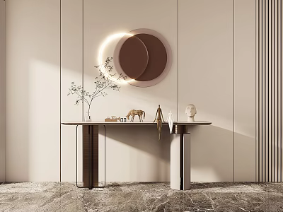 Modern Minimalist Console Table Design With Circular Mirror Lighting And Decorative Plants On Marble Top 3d model