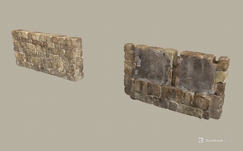 Two Natural Stone Wall Structures Showing Intact And Damaged Sections With Brick Texture 3d model 