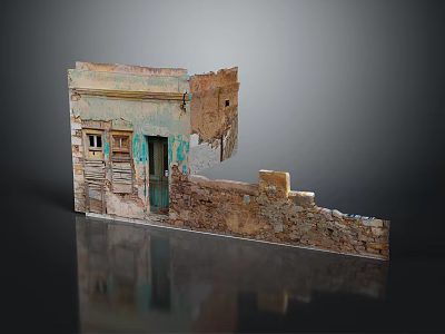 Aged Building Structure With Weathered Brick Walls Green Door Windows And Partial Ruins 3d model