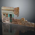 Aged Building Structure With Weathered Brick Walls Green Door Windows And Partial Ruins