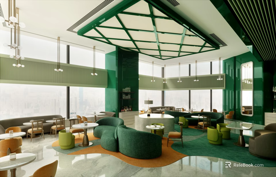 Modern Hotel Public Lounge With Green Ceiling Large Windows And City View Sofas 3d model 