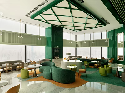 Modern Hotel Public Lounge With Green Ceiling Large Windows And City View Sofas 3d model