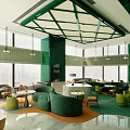 Modern Hotel Public Lounge With Green Ceiling Large Windows And City View Sofas 3d model