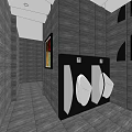 Public Toilet Interior With Dark Wood Walls Gray Tiled Floor And Urinals