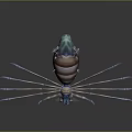 3D Rendered Creature With Long Thin Legs Striped Brown Blue Body On Dark Shiny Background