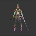Female Game Movie Character Wearing Red Blue Combat Outfit With Sword And Mechanical Boots