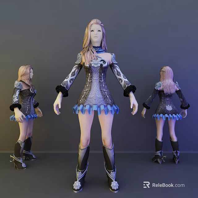 Game Movie Character 3D Model Multiple Angles View Fitted Dress Blue Frilled Hem Black Boots 3d model 
