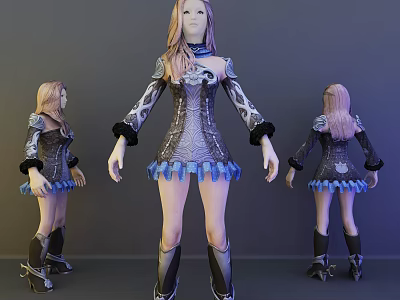 Game Movie Character 3D Model Multiple Angles View Fitted Dress Blue Frilled Hem Black Boots 3d model
