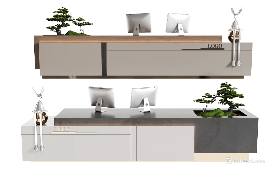Modern Reception Desk With Dual Monitors Decorative Figures And Small Pine Plants 3d model 