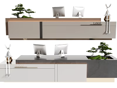 Modern Reception Desk With Dual Monitors Decorative Figures And Small Pine Plants 3d model