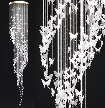 White Butterfly Shaped Decorative Chandelier With Hanging Design And Ornate Details 3d model