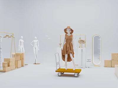 Elegant Retail Display Scene With Mannequin In Brown Dress Hat On Yellow Cart Clothing Racks And Mirror 3d model