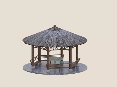 Traditional Chinese Pavilion With Thatched Roof Wooden Structure Benches And Circular Base 3d model