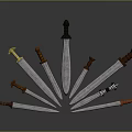 Multiple Swords With Various Hilts Arranged Radially Featuring Central Black Hilt Long Sword And Reflections