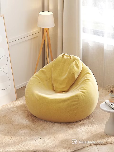 Yellow Bean Bag Chair In Cozy Indoor Space With Beige Carpet Curtains And Sunlight 3d model