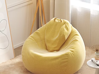Yellow Bean Bag Chair In Cozy Indoor Space With Beige Carpet Curtains And Sunlight 3d model