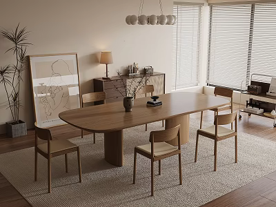 Wooden Dining Table And Chairs Set On Beige Rug With Pendant Lights And Sideboard 3d model