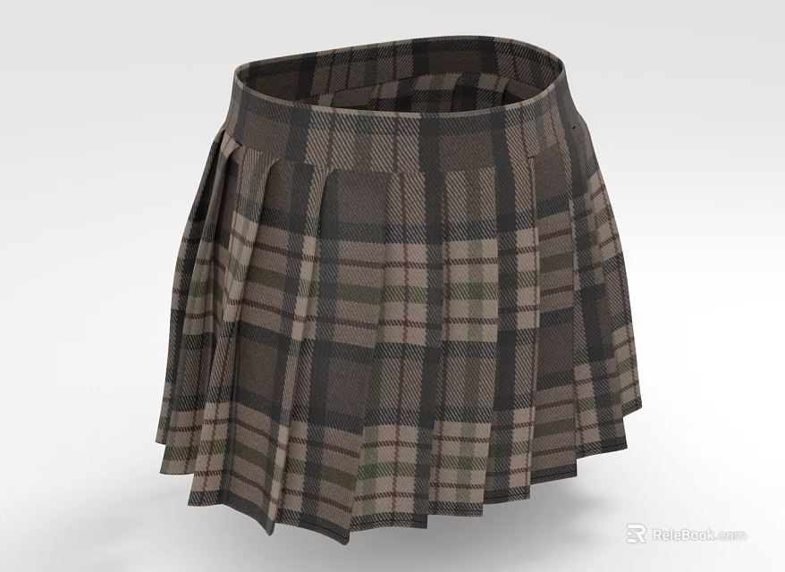 Stylish Plaid Pleated Skirt With Brown Green Beige Checkered Pattern 3d model 
