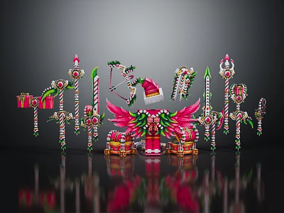 Festive Decorated Weapons Collection With Candy Cane Staffs And Santa Hat 3d model