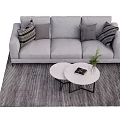 Gray Three Seater Sofa With Decorative Pillows Round Coffee Table And Striped Rug 3d model