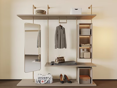 Modern Wardrobe With Hanging Clothes Mirror Storage Shelves Shoes Bag And Boxes 3d model