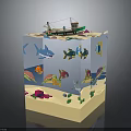 Colorful Underwater Animal Model With Shark Fish Octopus Seaweed And Small Boat