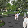 Residential Landscape with High Rise Buildings Green Trees Lawns and People Enjoying Outdoor Space