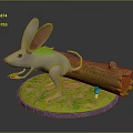 White Mouse With Large Ears Green Fur Standing On Green Base And Log