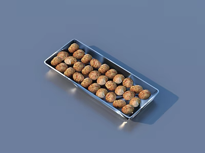 Crusty Small Round Food Snacks in Silver Rectangular Tray on Blue Surface 3d model