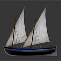 Traditional Sailing Boat With Two White Sails And Blue Striped Hull On Grey Background