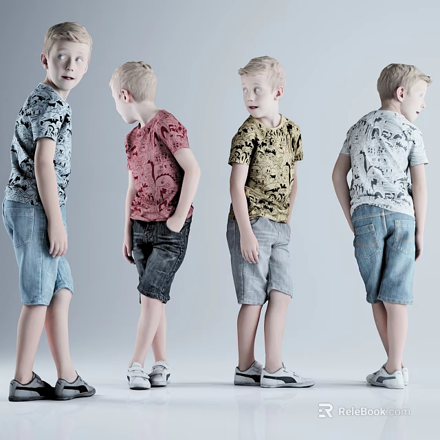 Boys Wearing Colorful Graphic T-Shirts And Denim Shorts Posing In Various Angles Against Gray Background 3d model 