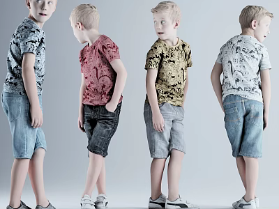 Boys Wearing Colorful Graphic T-Shirts And Denim Shorts Posing In Various Angles Against Gray Background 3d model