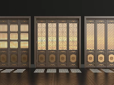Chinese Traditional Decorative Cabinets with Intricate Lattice Round Ornaments Warm Light and Geometric Floor Tiles 3d model