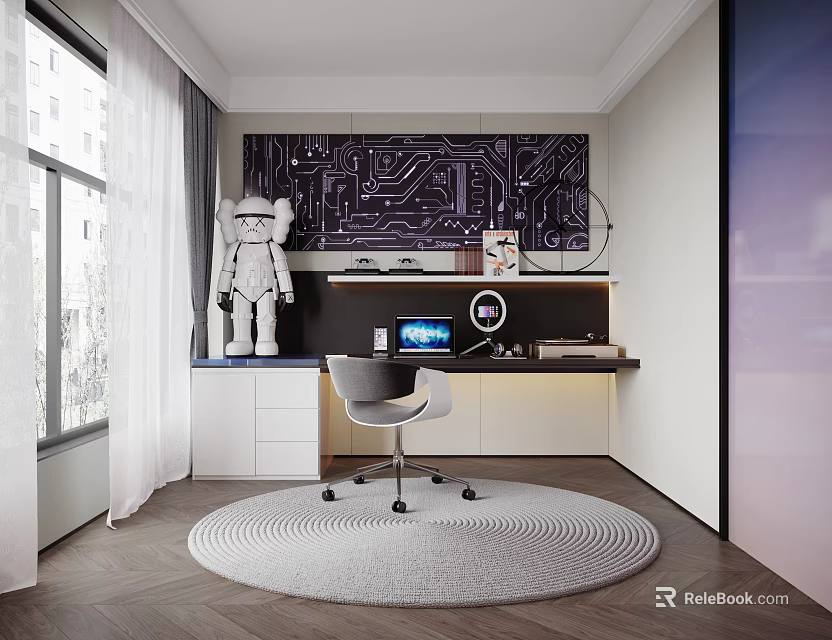Modern Home Office Interior Design With Circuit Board Wall White Robot Desk And Computer 3d model